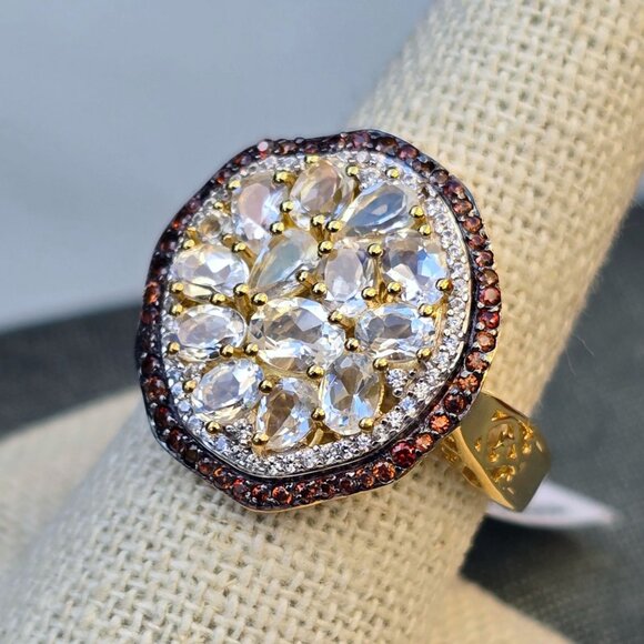 Artisan Jewelry - Malagasy Moonstone ✦ Multi Sapphire Cluster Ring ✦ 18K Vermeil Sterling Silver 9